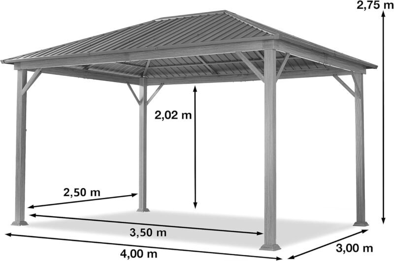 Cenador de jardín 3x4 m, Aspecto Madera, Techo sólido, 4 Cortinas en Gris - Imagen 5
