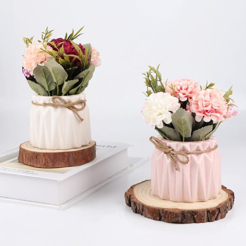 DBREAKS 2PCS Flores Artificiales en Maceta, hortensias Flores Artificiales con jarrón de cerámica, Plantas de Flores Artificiales, Flores de decoración de Mesa para Sala de Estar, Oficina,Rosa Blanco - Imagen 8