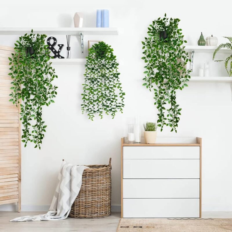 Elecoutek Plantas Artificiales Colgantes en Maceta, 3Pcs Verdes Falsa Planta Interior Vid hasta 80 cm de Largo Plástico Plantas Decorativas para Sala de Estar Balcón Jardín Cocina - Imagen 4