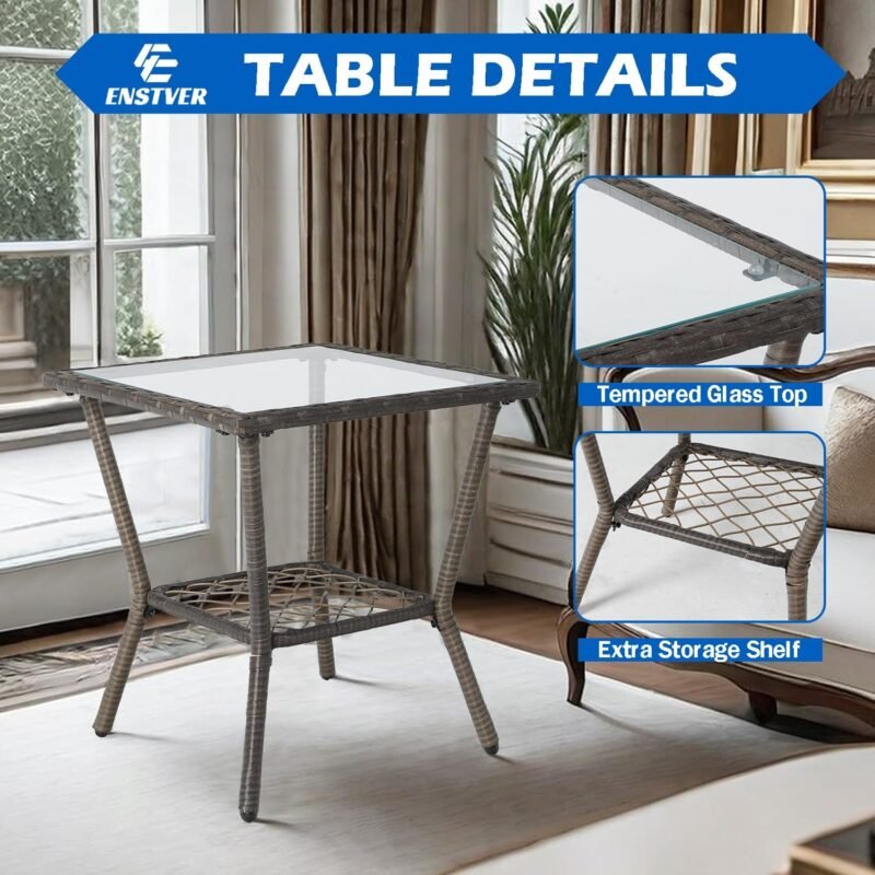 ENSTVER 3 Pieces Patio Conversation Set w/ 2 Rattan Wicker Rocking Chairs and Glass Table,for Garden Backyard Lown Porch(Dark Blue) - Imagen 6