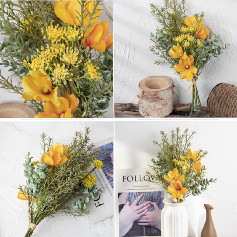 YELIKIT Flores Artificiales Plantas Falsas Ramos de Flores de Seda Arreglos Arreglos Boda Decoraciones Flores Artificiales para el Hogar Cocina Jardín Fiesta Navidad Mesa Decoración de Flores Amarillo - Imagen 5