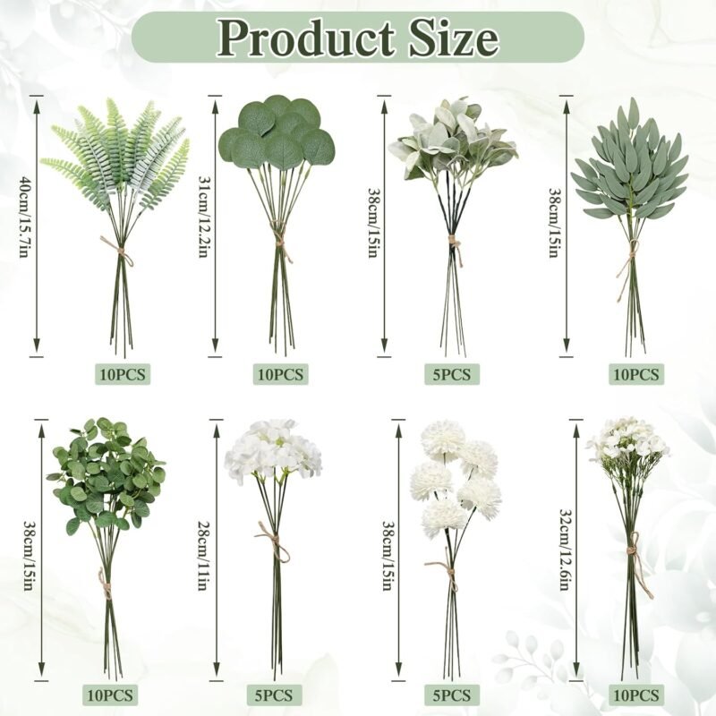 Betylifoy Ramas de Eucalipto Artificial 65pcs con 8 Tipos de Plantas Falsas Ramas de Eucalipto Artificial para Boda DIY Ramo Centro de Mesa Arreglo Floral Decoración (65) - Imagen 2