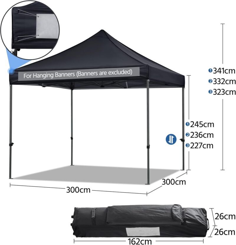 Yaheetech Carpa Plegable 3x3 Cenador Plegable de Jardín Resistente al Agua Carpa de Jardín con Bolsa de Transporte con Ruedas para Exterior Fiestas Camping Negro - Imagen 3