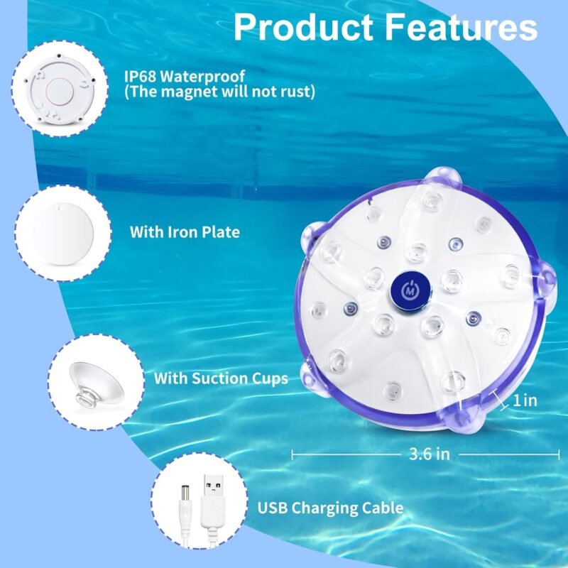 DeeprBlu Luz Sumergible Bañera, Luz Spa Recargables que Cambian de Color Luz para Piscina Bajo Agua, Luces Piscina Sumergibles, Luces Flotantes para Piscinas con Imán/Ventosas, Luces LED para Spa - Imagen 4