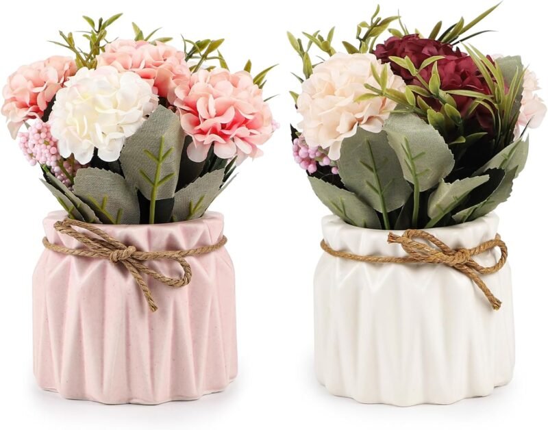 DBREAKS 2PCS Flores Artificiales en Maceta, hortensias Flores Artificiales con jarrón de cerámica, Plantas de Flores Artificiales, Flores de decoración de Mesa para Sala de Estar, Oficina,Rosa Blanco