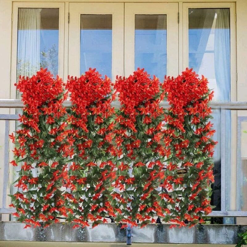 GGISUI 2 pcs Flores Artificiales Decorativas Lirio Flores de Seda Plantas Artificiales Colgantes Decorativas para Balcón Jardín Exterior decoración de la Pared Rojo - Imagen 2