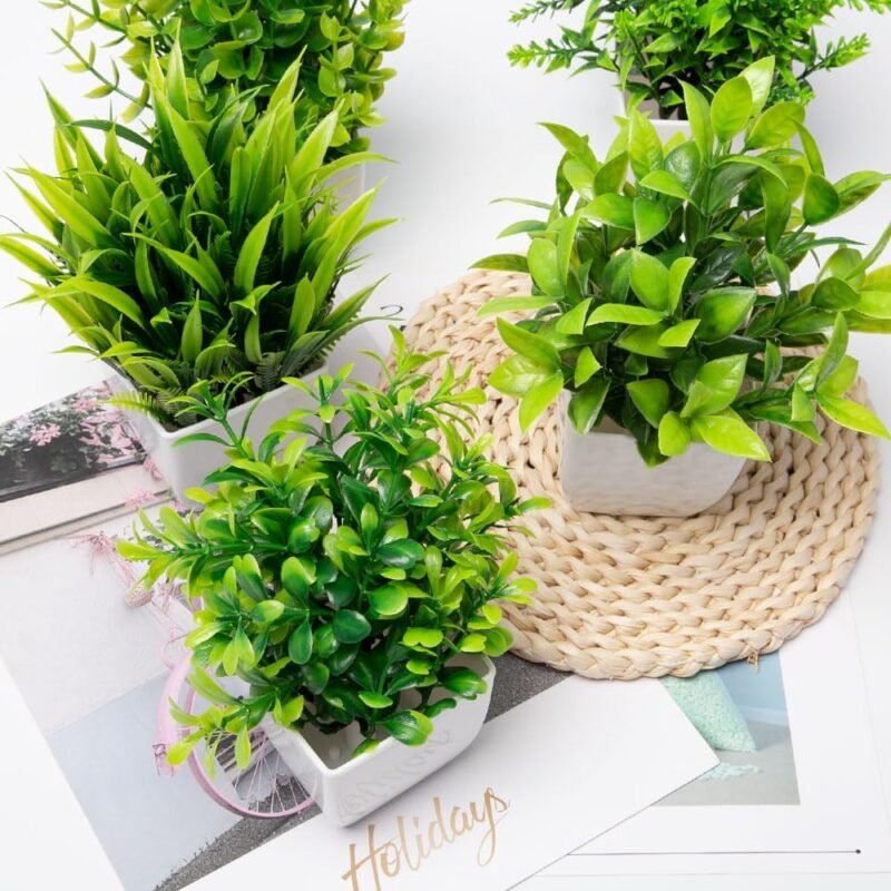 Rebanky 5 Piezas Mini Plantas Artificiales con Macetas Decorativas Plantas de Plástico Mini Ecologización Plantas Artificiales Plantas Falsas Verdes en Maceta para Hogar Baño Mesa de Despacho - Imagen 3