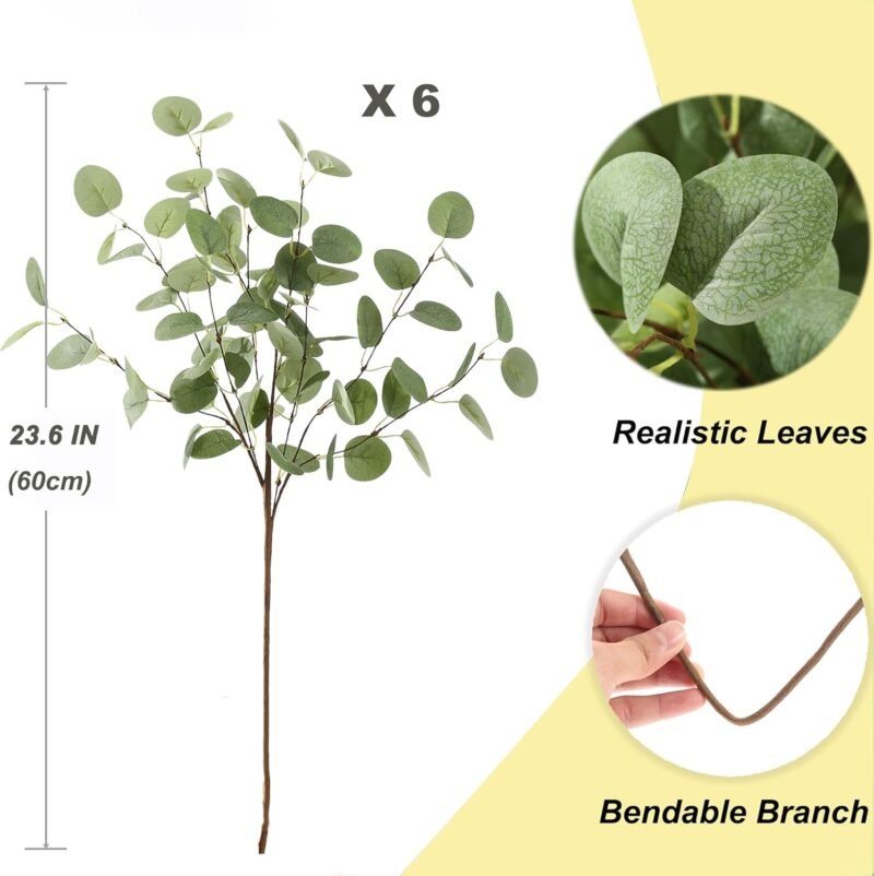 HNVNER 6 Manojos de Eucalipto Artificial Ramas Eucalipto Verdes 60cm Hojas de Eucalipto Artificiales para Decoración De Fiestas, Bodas, Jardín, Hogar, Oficina,Arreglos Florales - Imagen 6