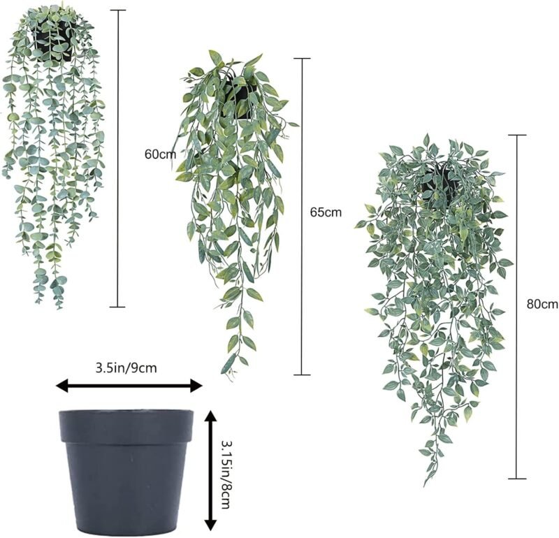 Plantas Artificiales Decorativas, 3 Pieza Plantas Artificiales Colgantes en Maceta, Eucalipto Artificial Plantas, Falsa Planta Colgante Vertical, Planta Colgante Simulación con Macetas para Decoración - Imagen 2