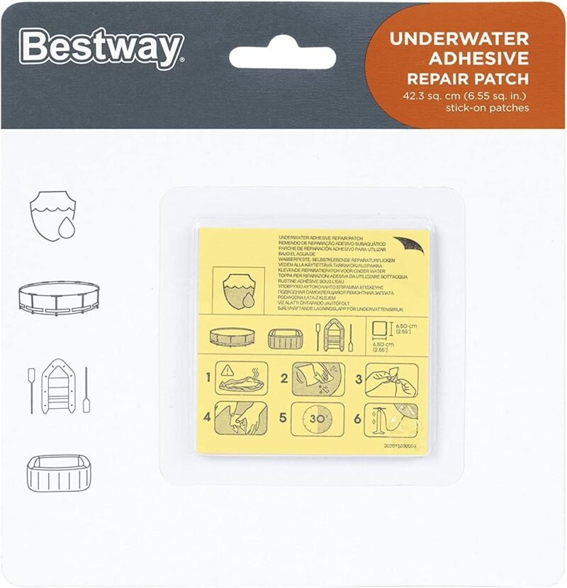 Bestway – Parches de reparación para Piscinas Desmontables, hinchables y Metal Frame. Reparación bajo el Agua. No es Necesario vaciar la Piscina. Resistentes. Paquete 10 Parches Cuadrados de 6,5 cm.