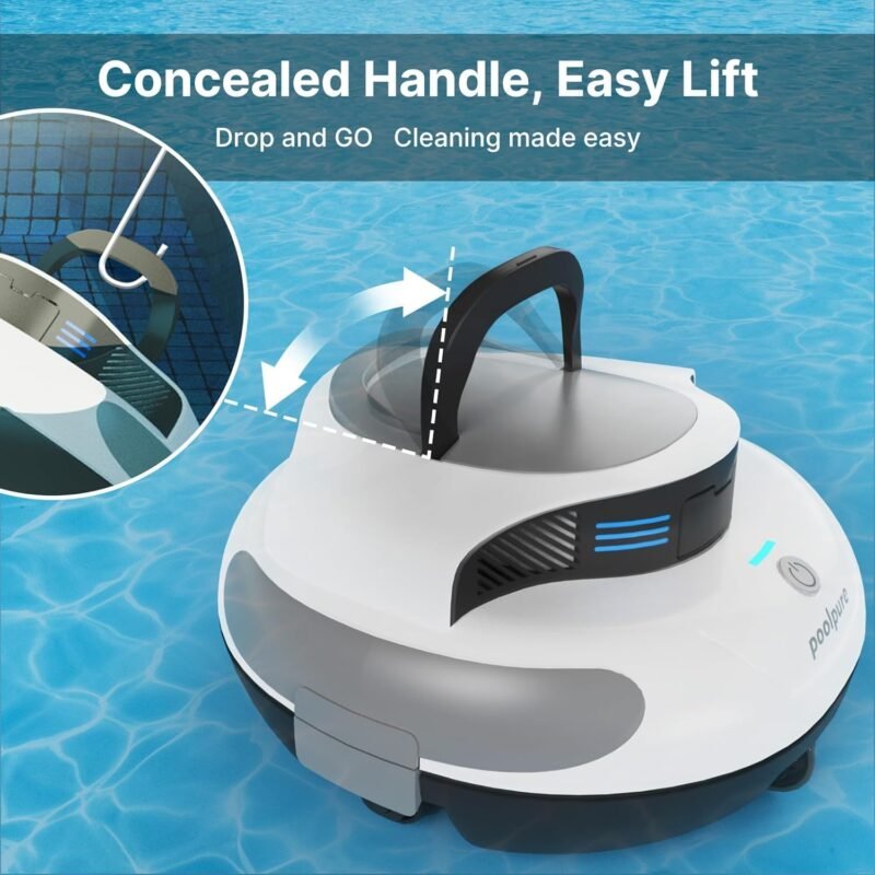 POOLPURE Robot de Piscina Dura 𝟱𝟱𝙒𝙝-𝟭𝟮𝟬 𝙢𝙞𝙣𝙪𝙩𝙤𝙨, Autoservicio, Doble Motor, IPX8 Resistente al Agua, Indicadores LED, inalámbrico con batería, Ideal para Piscinas Planas de hasta 90 m² - Imagen 5