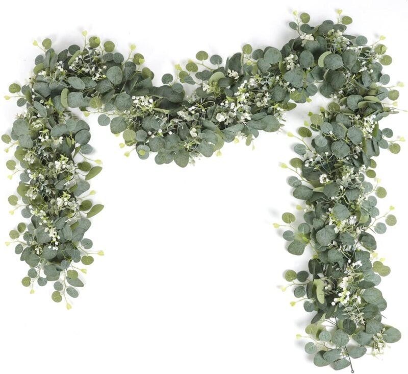 SOMYTING 2pcs Guirnaldas Artificiales de Eucalipto con Hojas de Sauce Hojas Verdes Guirnalda de Flores Blancas Planta Artificial para Decoración de Fondo Boda Camino de Mesa Central