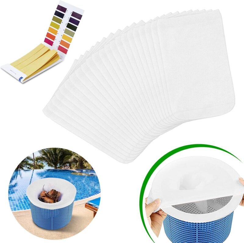 Flintronic 22PCS Calcetines Skimmer Piscina, Filtros de Skimmer, Calcetines Reutilizables de Malla de Nailon para Filtro de Piscina,con Papel de Prueba de PH, para Capturar Hojas,Cabello,Basura-Blanco - Imagen 9