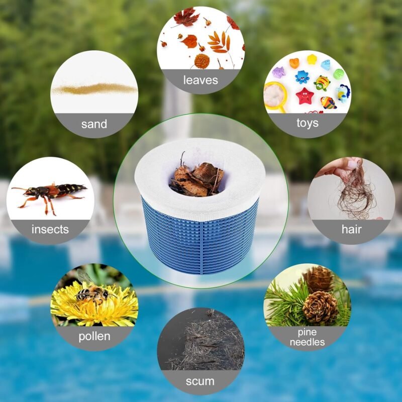 Flintronic 22PCS Calcetines Skimmer Piscina, Filtros de Skimmer, Calcetines Reutilizables de Malla de Nailon para Filtro de Piscina,con Papel de Prueba de PH, para Capturar Hojas,Cabello,Basura-Blanco - Imagen 4