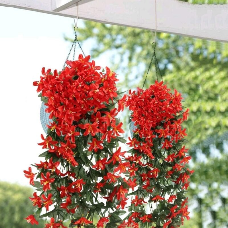 GGISUI 2 pcs Flores Artificiales Decorativas Lirio Flores de Seda Plantas Artificiales Colgantes Decorativas para Balcón Jardín Exterior decoración de la Pared Rojo - Imagen 3