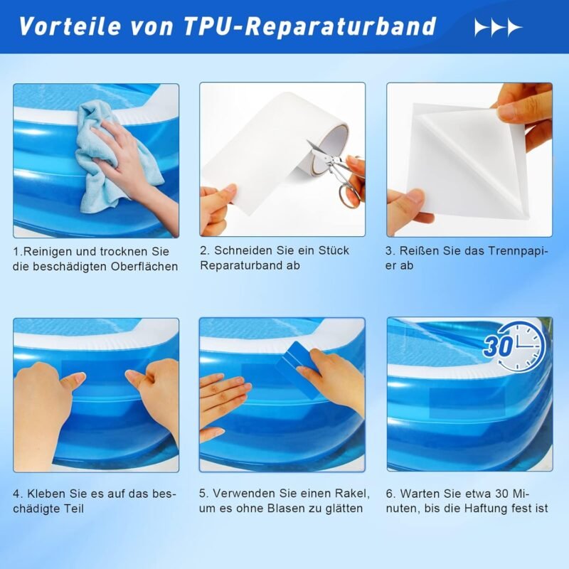 KAZATE Kit de Reparación Piscina Autoadhesivo Impermeable al Agua, 10 cm x 150 cm Parches de Reparación para Cama de Agua, Piscina, Liner de Piscina, Piscina Infantil, Colchón de Aire - Imagen 6