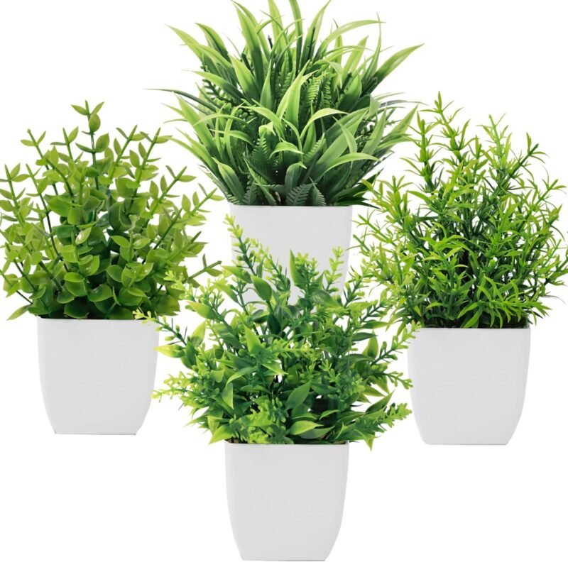 Bafenli 4 Piezas Mini Plantas Artificiales Verde Plástico Plantas Falsas con Macetas para Mesa de Despacho Baño Hogar Decoración