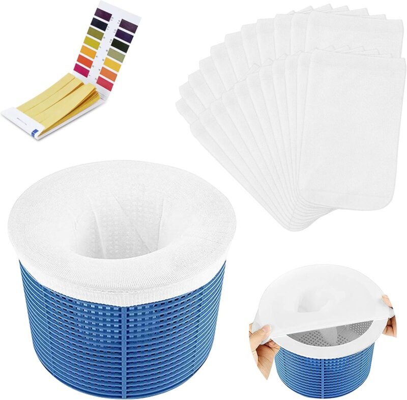 Flintronic 22PCS Calcetines Skimmer Piscina, Filtros de Skimmer, Calcetines Reutilizables de Malla de Nailon para Filtro de Piscina,con Papel de Prueba de PH, para Capturar Hojas,Cabello,Basura-Blanco