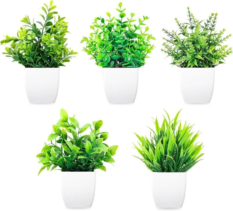 Rebanky 5 Piezas Mini Plantas Artificiales con Macetas Decorativas Plantas de Plástico Mini Ecologización Plantas Artificiales Plantas Falsas Verdes en Maceta para Hogar Baño Mesa de Despacho