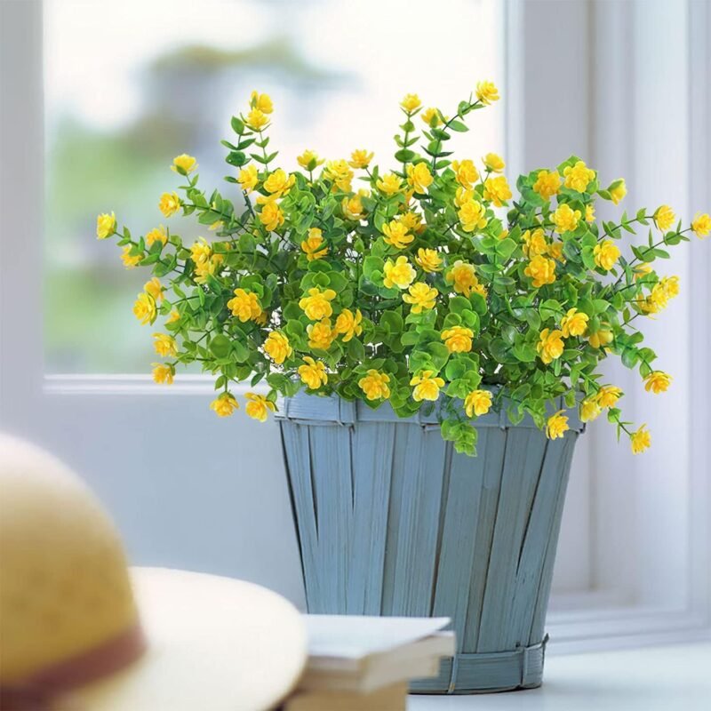 TSHAOUN 5 Piezas Flores Artificiales Flor Falsas,Arbustos Verdes Resistentes a Los Rayos UV Plantas para Colgar en Interiores y Exteriores,para Casa Jardín Ventana Fiesta Boda Decoración (Amarillo) - Imagen 5