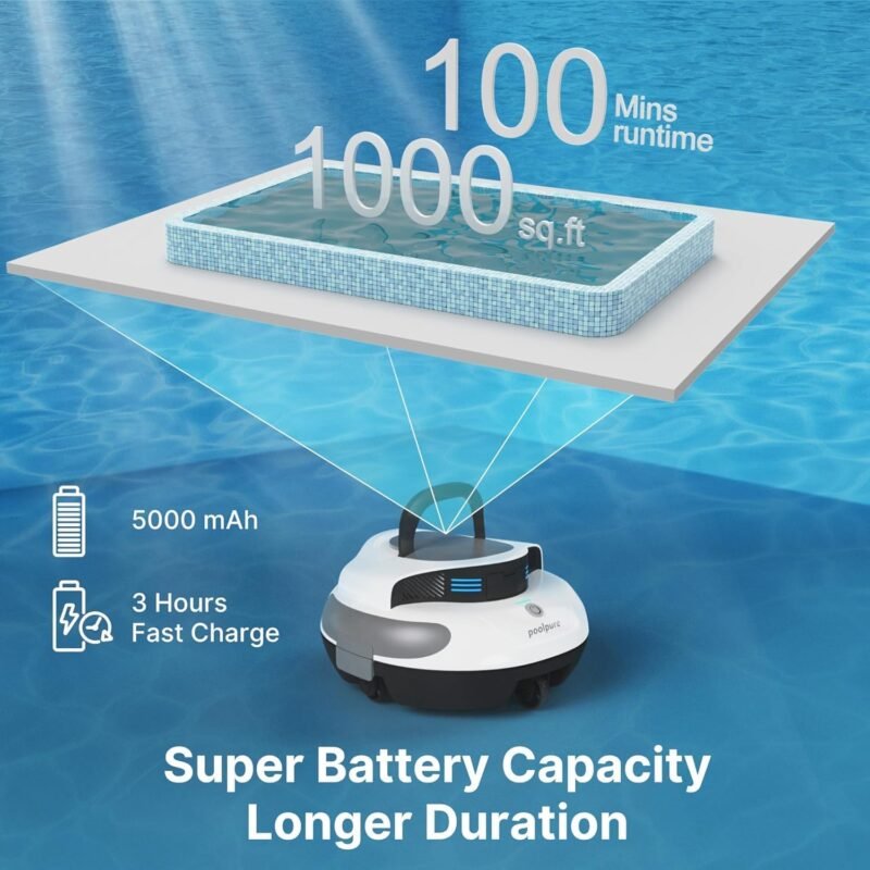 POOLPURE Robot de Piscina Dura 𝟱𝟱𝙒𝙝-𝟭𝟮𝟬 𝙢𝙞𝙣𝙪𝙩𝙤𝙨, Autoservicio, Doble Motor, IPX8 Resistente al Agua, Indicadores LED, inalámbrico con batería, Ideal para Piscinas Planas de hasta 90 m² - Imagen 6