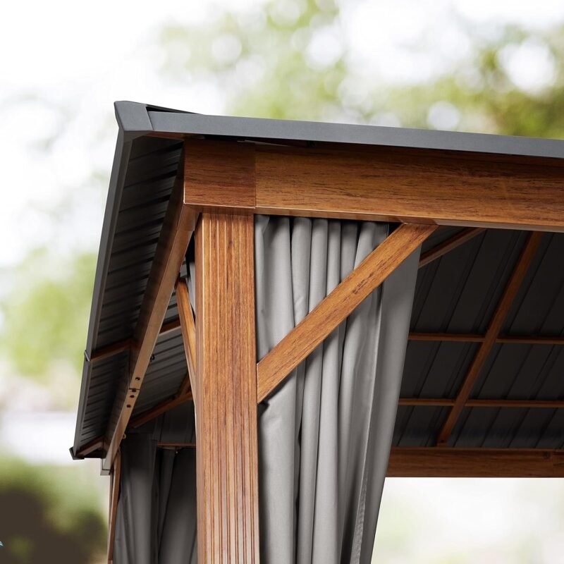 Cenador de jardín 3x4 m, Aspecto Madera, Techo sólido, 4 Cortinas en Gris - Imagen 7