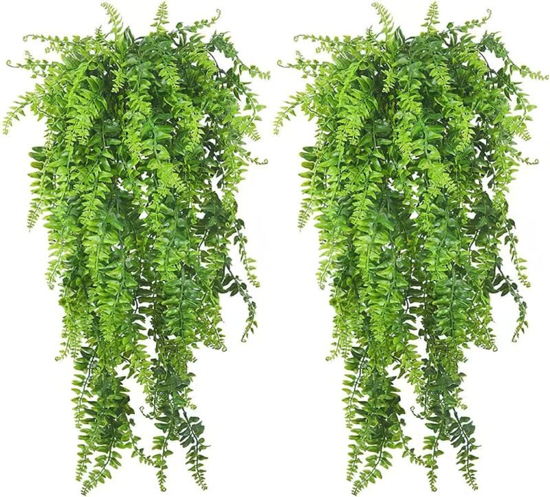 2 Piezas Plantas Artificiales Colgantes Helechos Plantas Plástico Artificiales Plantas de Escalada Decorativas de Vegetación para Interior y Exterior Salas de Estar Balcón Oficina Terraza Jardín Boda