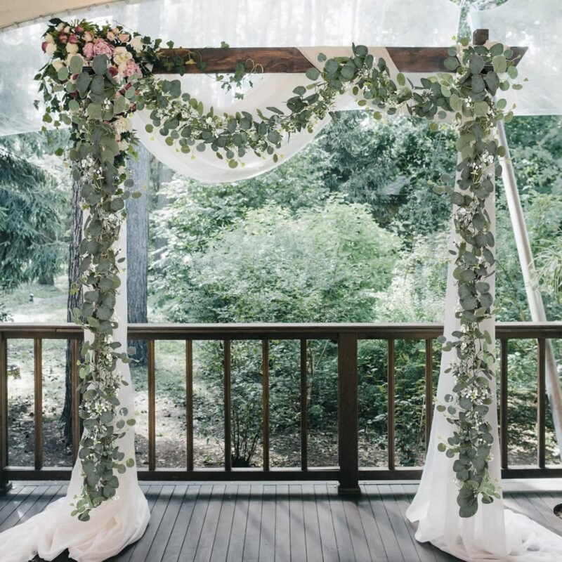 SOMYTING 2pcs Guirnaldas Artificiales de Eucalipto con Hojas de Sauce Hojas Verdes Guirnalda de Flores Blancas Planta Artificial para Decoración de Fondo Boda Camino de Mesa Central - Imagen 6