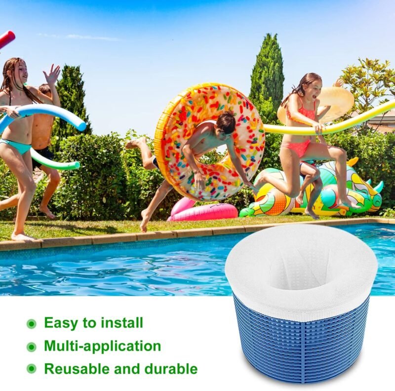 Flintronic 22PCS Calcetines Skimmer Piscina, Filtros de Skimmer, Calcetines Reutilizables de Malla de Nailon para Filtro de Piscina,con Papel de Prueba de PH, para Capturar Hojas,Cabello,Basura-Blanco - Imagen 6