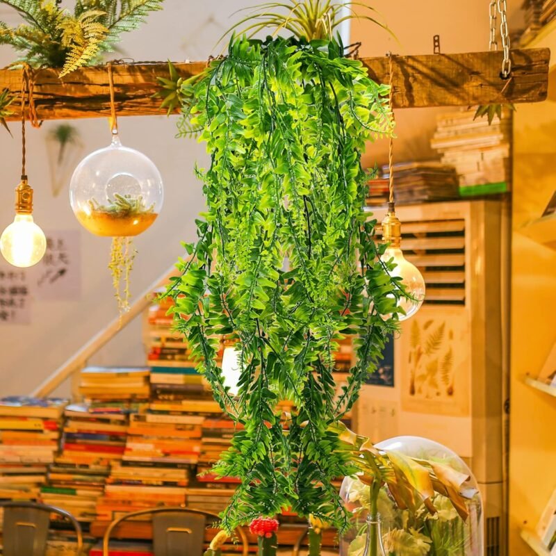SZXMDKH 2pcs Helecho Artificial Plantas Artificiales para Interior y Exterior, Colgante,Verde Decoración del Hogar Estética de Vid Artificial de Salón y Jardín/Dormitorio/Granja - Imagen 5