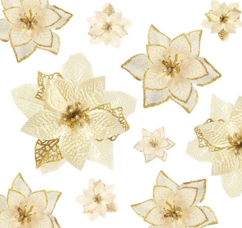 Flores Artificiales Navidad,ilauke 30pcs Flores de Brillo Navideño Dorado 14/16cm con 10 Mariposas+10 Ramas de Bayas+30 Clips+30 Tallos,Flores Navideñas para Decoración Dcorona de Guirnalda para Boda - Imagen 2