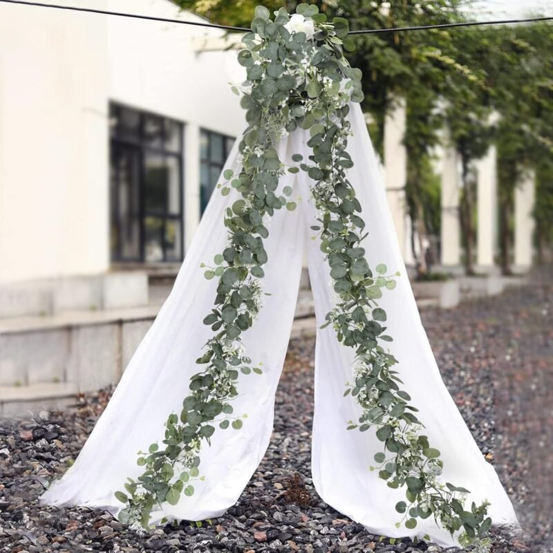 SOMYTING 2pcs Guirnaldas Artificiales de Eucalipto con Hojas de Sauce Hojas Verdes Guirnalda de Flores Blancas Planta Artificial para Decoración de Fondo Boda Camino de Mesa Central - Imagen 5
