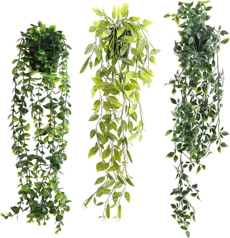MXTIMWAN 3 Piezas Plantas Artificiales Colgantes, Plantas Colgantes Artificiales con Maceta, Plantas Falsas Mandala en Maceta para Oficina, Jardín, Sala de Estar y Decoración de La Pared