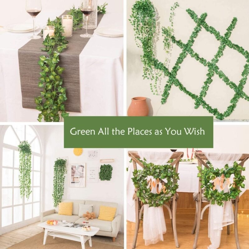 AIOR 12 Piezas Plantas Hiedra Artificial con luz LED, Decoración Exterior Colgante Guirnalda Vine Follaje Hojas Verdes Flores para Hogar Boda Escalera Ventana Balcón Valla Jardín Mesa - Imagen 7