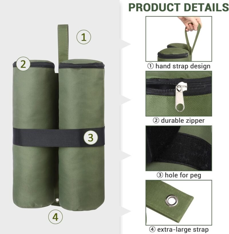 Pesas para bolsas de arena para cenador, paquete de 4 pesas de arena para cenador, pesas para muebles de jardín, bolsa de arena con cremallera superior de doble pierna (4, verde) - Imagen 3