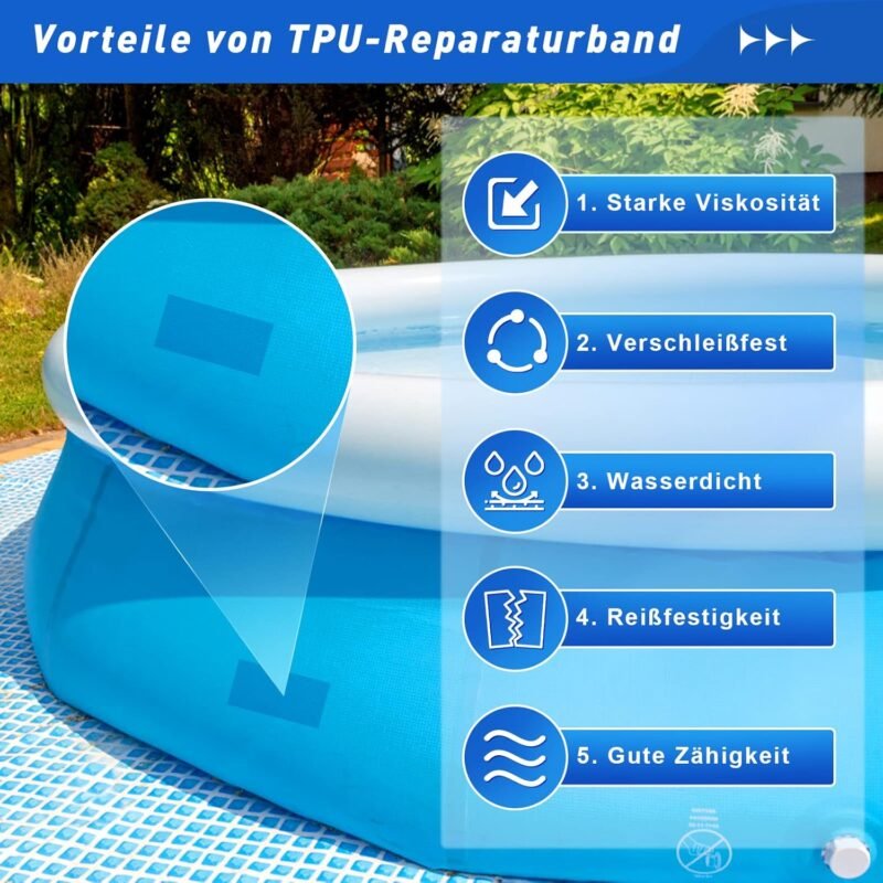 KAZATE Kit de Reparación Piscina Autoadhesivo Impermeable al Agua, 10 cm x 150 cm Parches de Reparación para Cama de Agua, Piscina, Liner de Piscina, Piscina Infantil, Colchón de Aire - Imagen 3