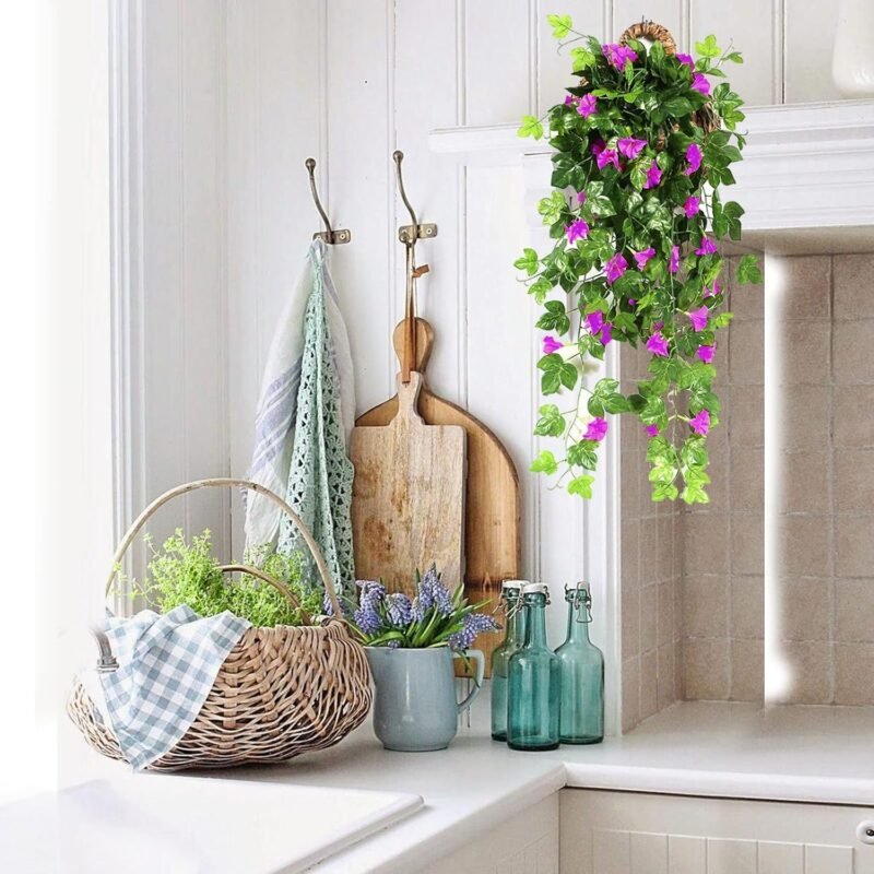NIBESSER Flores Colgantes Artificiales Decoracion 2 Piezas Gloria de La Mañana Artificiales Decorativas 90 cm Plantas Artificiales Exterior para Pared Jardín Balcón Patio Boda, Fucsia Morado - Imagen 8
