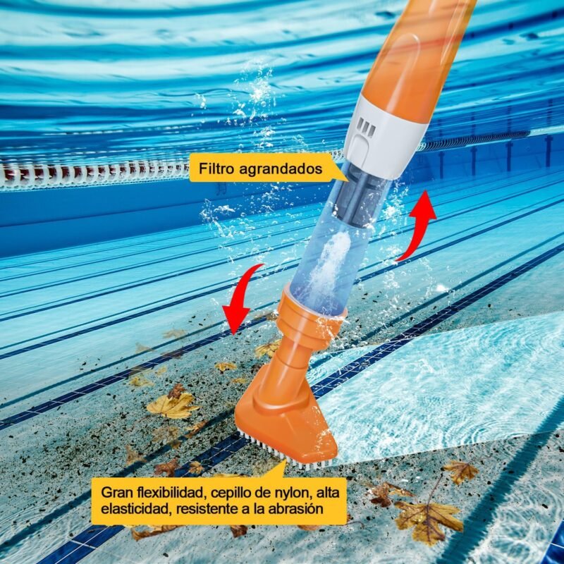 PoolyPoly Aspirador de Piscina Inalámbrico con Batería Recargable, 3 en 1 Limpiafondos de Piscina, Aspiradora Manual para Spas, Jacuzzi, Piscinas Pequeñas - Tiempo de Ejecución 90 Minutos, Naranja - Imagen 3