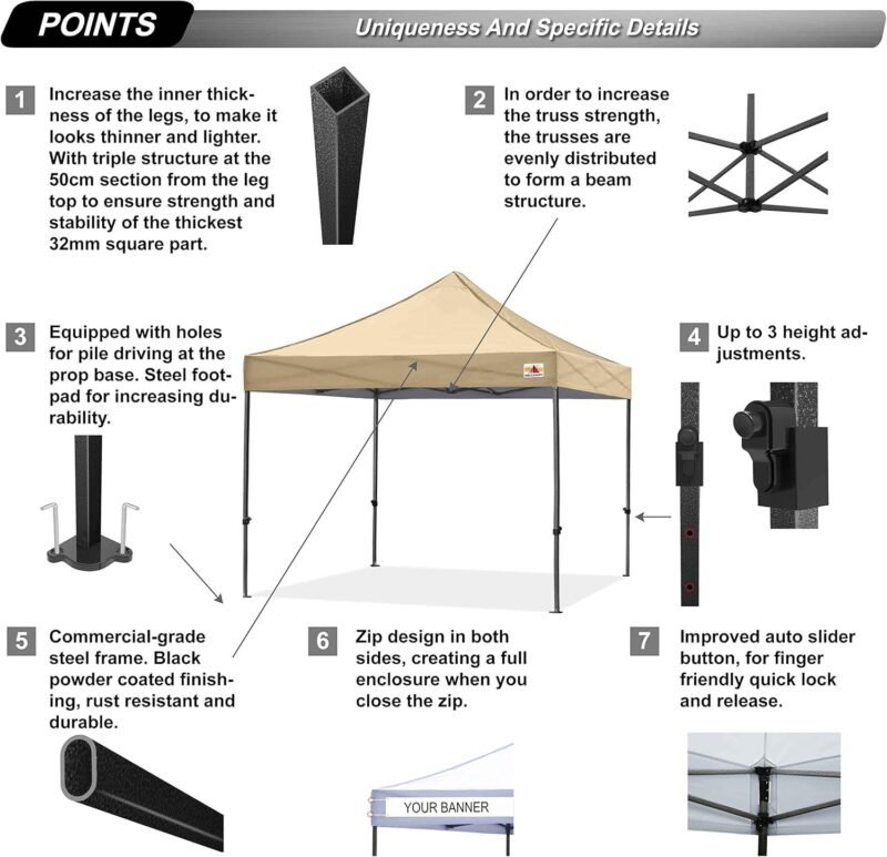 ABCCANOPY - Cenador Plegable para Patio (2,5 x 2,5 cm, Totalmente Impermeable, Resistente al Agua),Beige - Imagen 3