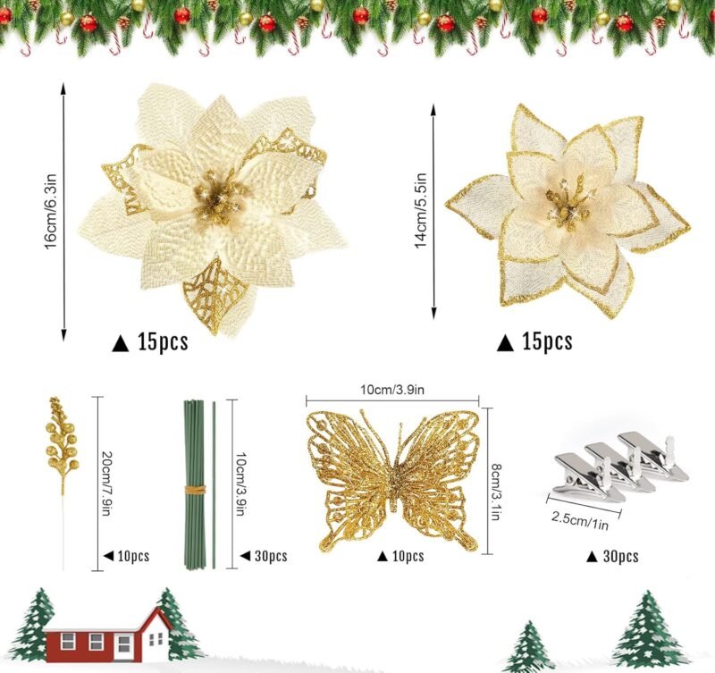 Flores Artificiales Navidad,ilauke 30pcs Flores de Brillo Navideño Dorado 14/16cm con 10 Mariposas+10 Ramas de Bayas+30 Clips+30 Tallos,Flores Navideñas para Decoración Dcorona de Guirnalda para Boda - Imagen 3