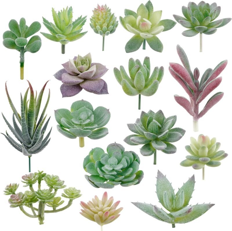 Augshy Suculentas artificiales, paquete de 16 plantas suculentas artificiales, pequeñas plantas falsas, suculentas artificiales sin maceta para paisaje de loto, decoración de arreglos de jardín, color