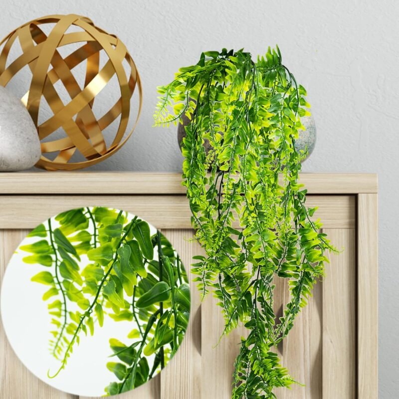 SZXMDKH 2pcs Helecho Artificial Plantas Artificiales para Interior y Exterior, Colgante,Verde Decoración del Hogar Estética de Vid Artificial de Salón y Jardín/Dormitorio/Granja - Imagen 4