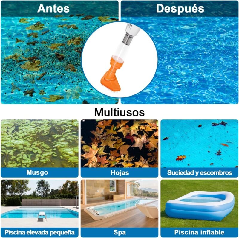 PoolyPoly Aspirador de Piscina Inalámbrico con Batería Recargable, 3 en 1 Limpiafondos de Piscina, Aspiradora Manual para Spas, Jacuzzi, Piscinas Pequeñas - Tiempo de Ejecución 90 Minutos, Naranja - Imagen 4
