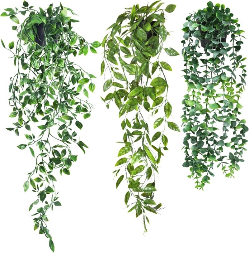 SHEPIN 3 Piezas Plantas Artificiales Exterior Planta Colgante Artificial con Maceta Plantas Falsas Colgantes Enredaderas Artificiales Decorativas Plantas Decoracion Habitacion Jardín Balcón Pared