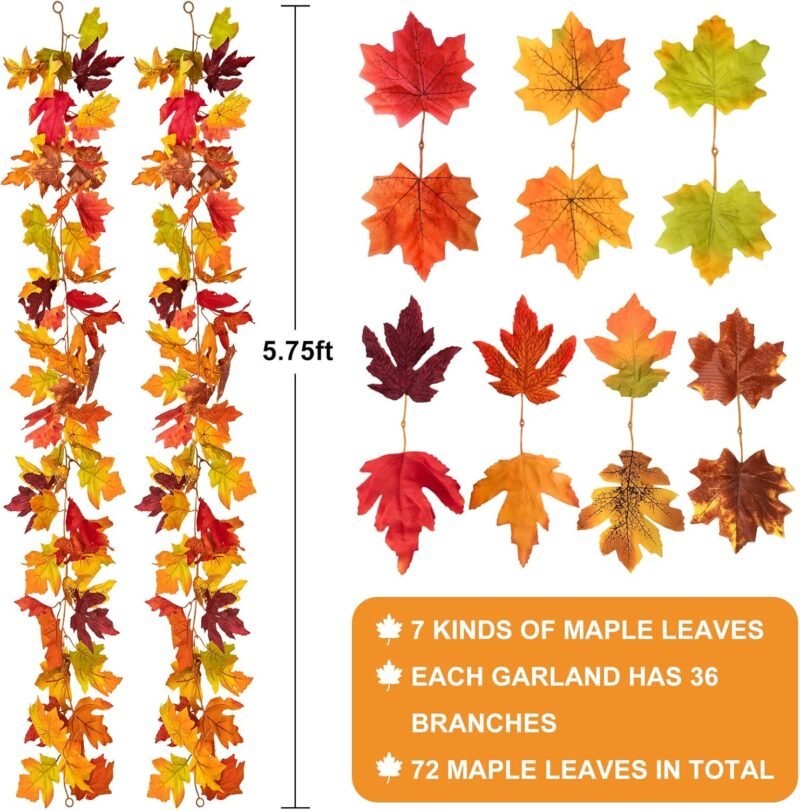 Hywean Homd 2 Piezas de Hojas de Arce Artificiales, Hojas Artificiales Colgantes, Plantas Artificiales Colgantes para Halloween, Decoración de Paredes Interiores y Exteriores, 175cm - Imagen 2