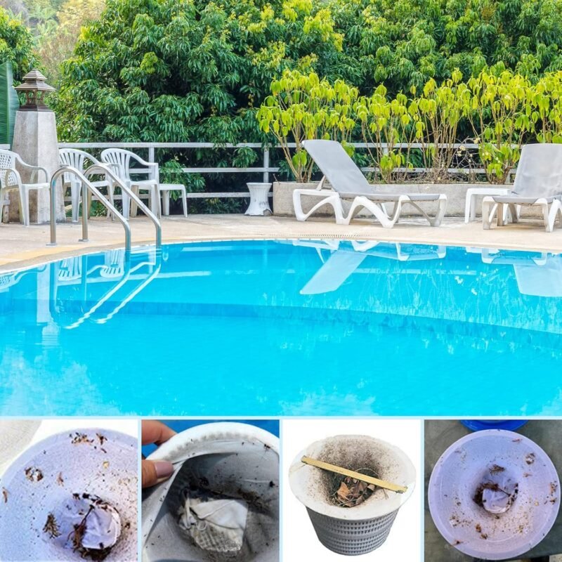 Flintronic 22PCS Calcetines Skimmer Piscina, Filtros de Skimmer, Calcetines Reutilizables de Malla de Nailon para Filtro de Piscina,con Papel de Prueba de PH, para Capturar Hojas,Cabello,Basura-Blanco - Imagen 5