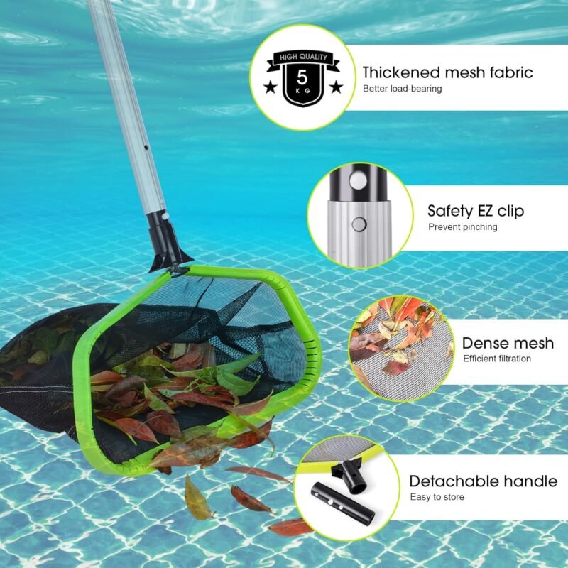 WELDUN Red para piscina, red recogehojas para piscina con bolsa profunda de doble capa, marco de aluminio resistente, red de rastrillo para hojas con malla fina, verde (sin vara) - Imagen 3
