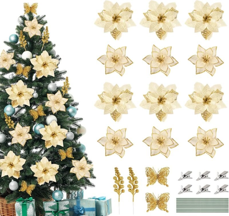 Flores Artificiales Navidad,ilauke 30pcs Flores de Brillo Navideño Dorado 14/16cm con 10 Mariposas+10 Ramas de Bayas+30 Clips+30 Tallos,Flores Navideñas para Decoración Dcorona de Guirnalda para Boda