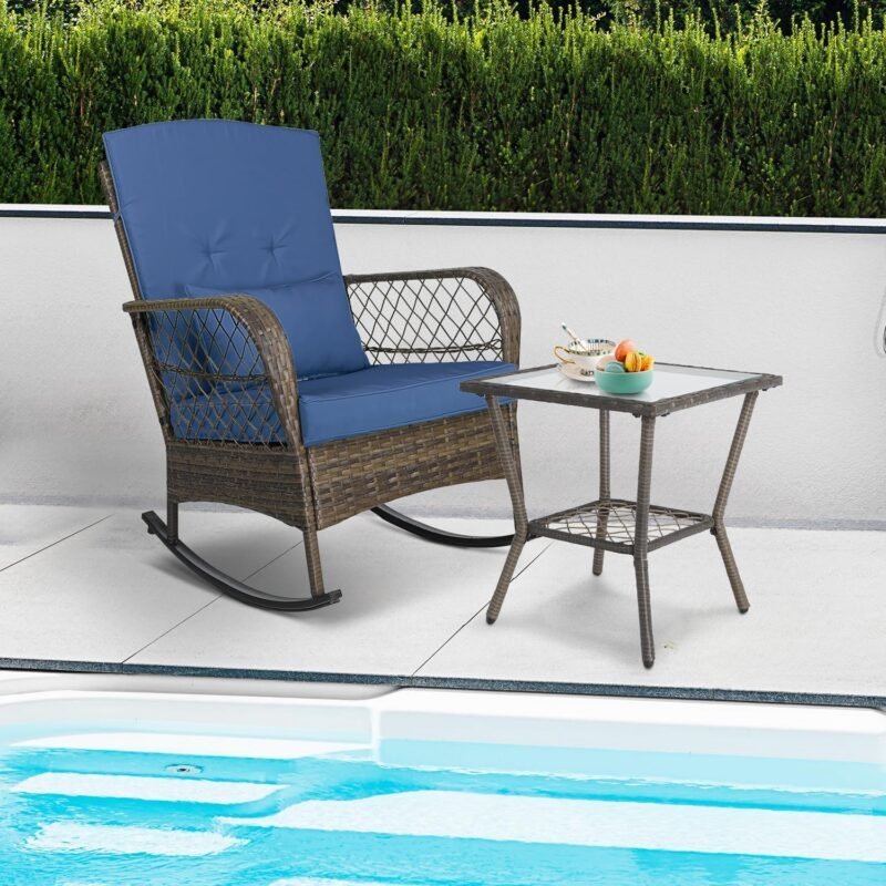 ENSTVER 3 Pieces Patio Conversation Set w/ 2 Rattan Wicker Rocking Chairs and Glass Table,for Garden Backyard Lown Porch(Dark Blue) - Imagen 5