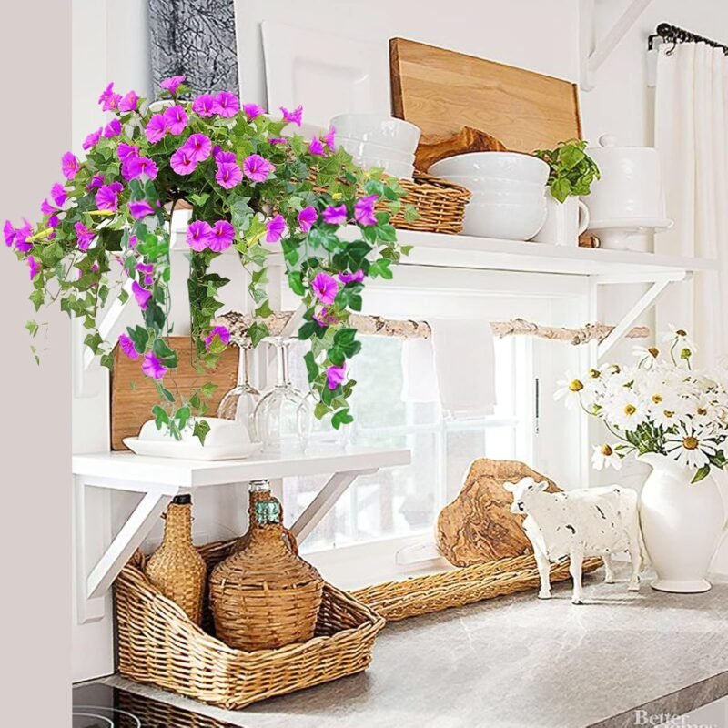 NIBESSER Flores Colgantes Artificiales Decoracion 2 Piezas Gloria de La Mañana Artificiales Decorativas 90 cm Plantas Artificiales Exterior para Pared Jardín Balcón Patio Boda, Fucsia Morado - Imagen 4